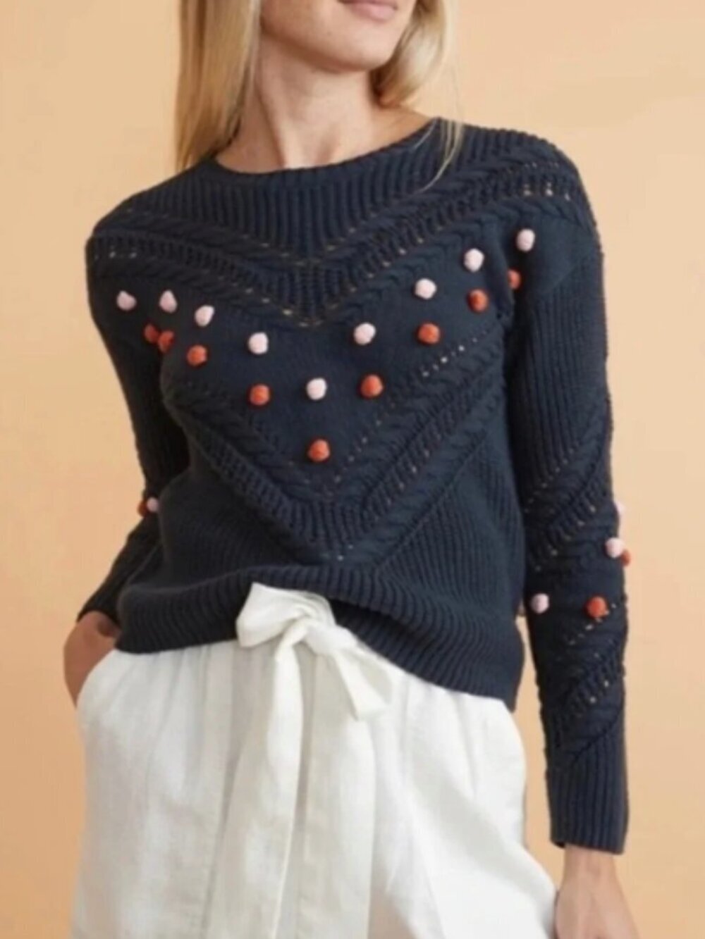 Marine Layer Anne Pom-Pom Crewneck Knit Sweater Size S Boho Eclectic Whimsi Chic
